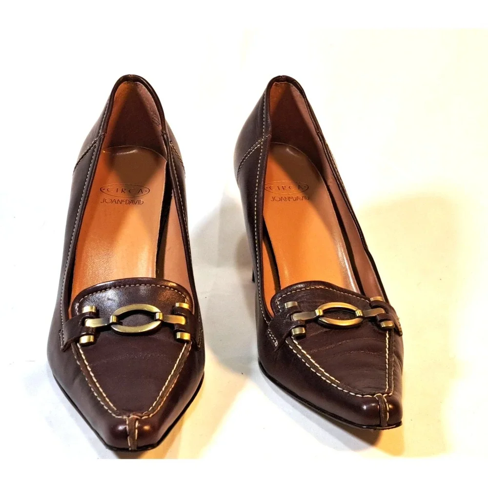 Circa Joan David Women's‎ Brown Leather Pointed Toe Heel Loafers Shoes Size 7M